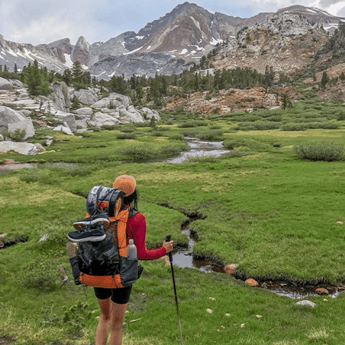 Lake Virginia, hiker looking at mountains