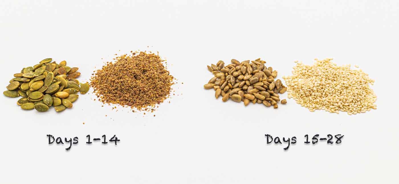 A white background photo of various seeds that are useful for hiking while on a period