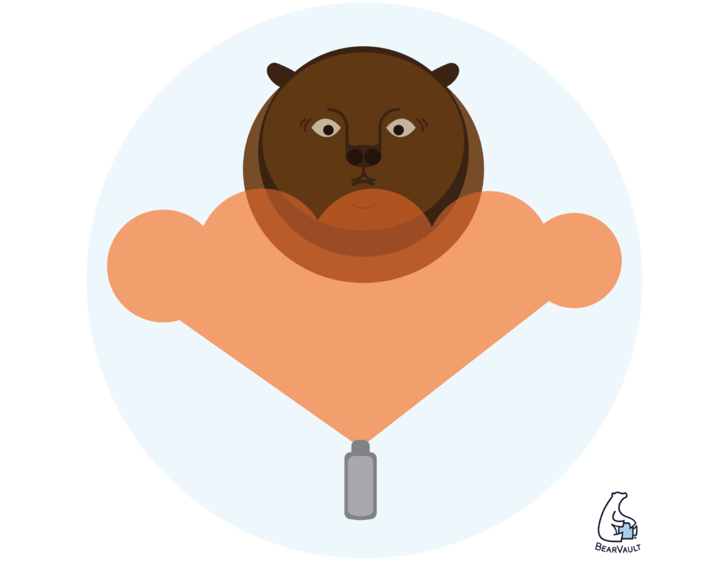 A graphic showing a bear about to get sprayed by bear spray.
