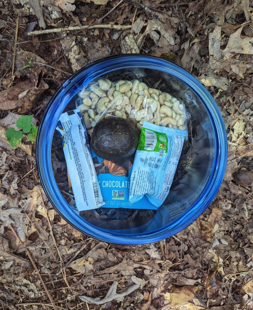 A BearVault bear resistant canister filled with some food.