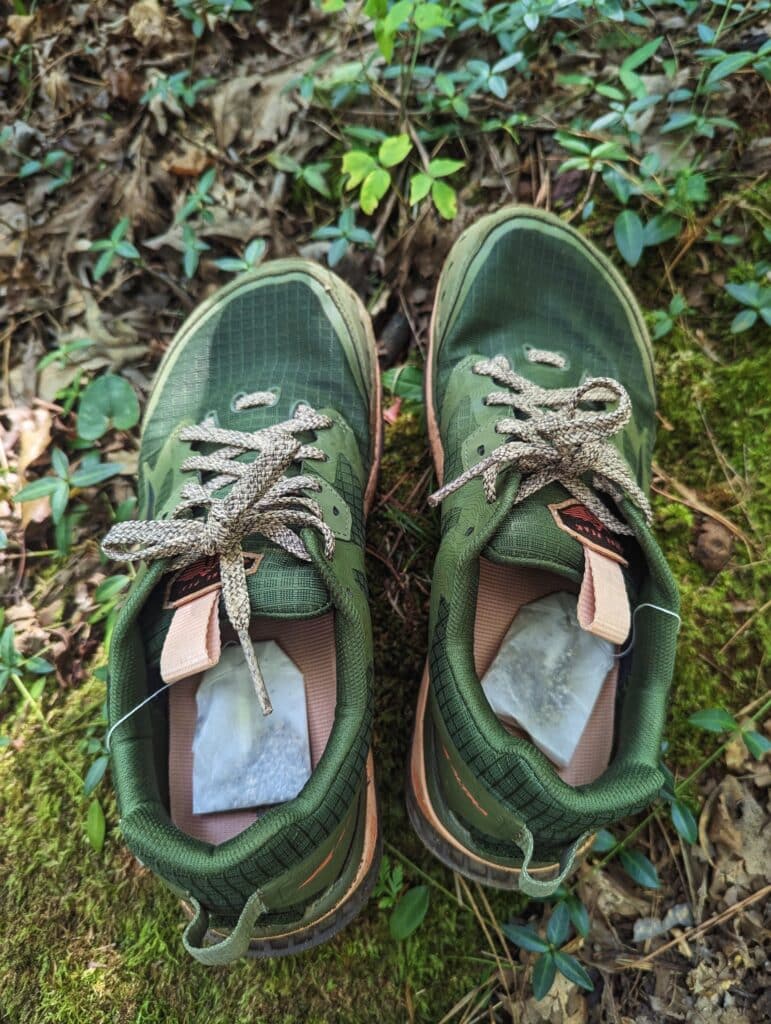 Hiking shoes with lemon tea bags.